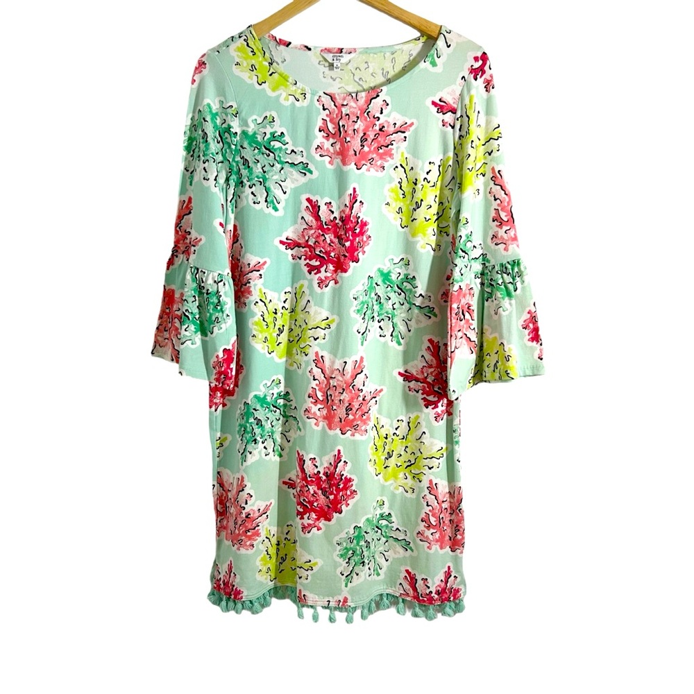 Crown & Ivy Mint Green Colorful Coral Print Summer Dress, Size Medium
